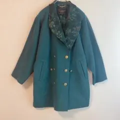 （M）ウール× カシミヤ混 レトロコート 裏地 総柄 花柄 金ボタン グリーン