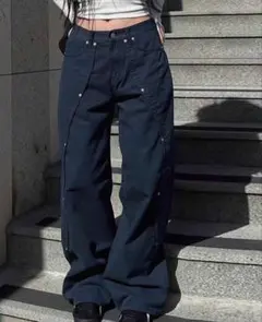 レディース ダークブルー ストレートパンツ サイドボタン付き