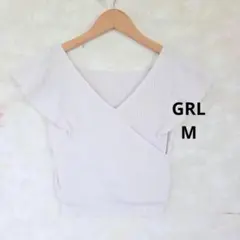 グレイル GRL リブニット【M】半袖 フレアスリーブ カシュクール風