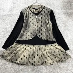 ブラウス　フリル　チュニック　猫柄　異素材ブローチ　フェミニン　大きめ　LL 黒