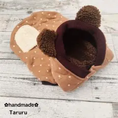 ハンドメイド 犬服 くま耳フード キャメル色ドット柄キルトニット前開きベスト