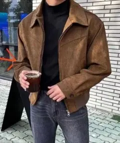 【送料無料】ブラウン スエード風ジップアップジャケットアウターブルゾン秋冬短丈