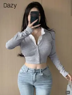 DAZY ボタン前クロップ2in1長袖Tシャツ レディーストップス