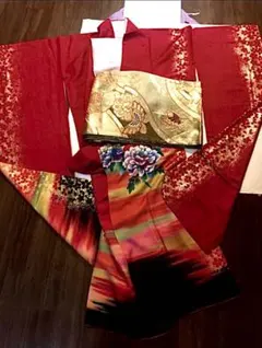 深紅 正絹 振袖７点フルセット 老舗呉服店 梅岡 美品