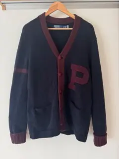 ラルフローレン Pロゴ ウールカーディガン M ネイビー×ボルドー