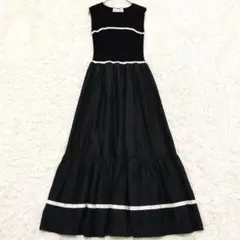 523 リリーブラウン ラインニット布帛ドッキングワンピース ロング フレア F
