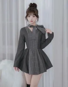 Darich ダーリッチ チェックストライプバルーンミニワンピース FL GRY