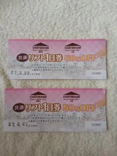 シャトレーゼスキーリフト半額割引券2枚+割引券４枚+おまけ付き