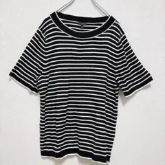 美品 ボーダー柄 五分袖 カットソー XL 黒 白 ストレッチ コットン
