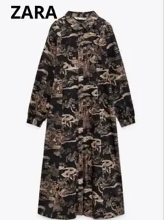 新品未使用 ザラZARA 長袖プリント柄ポプリンワンピース M アジア 中国柄