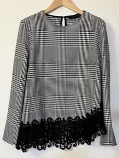 ZARA WOMAN グレンチェック　黒レース　長袖　チュニックブラウス