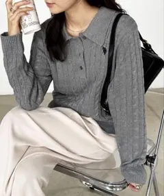 【美品】U.S.POLO ASSN. 刺繍長袖ケーブルポロニット　ニット