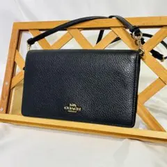 【美品】COACH ブラック レザー ショルダーウォレットバッグ ブラック