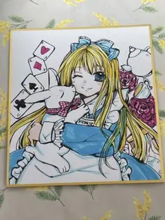 手描きイラスト 原画 不思議の国のアリス チェシャ猫 猫耳 紫 ゴスロリ
