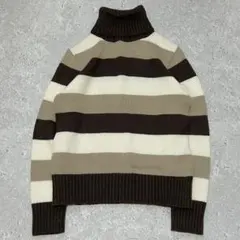 タートルネック ニットセーター 太ボーダー M ブラウン 日本製 y2k 秋冬