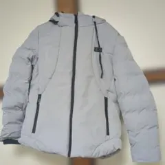 電熱ヒートダウンジャケット　フード付きライトグレーキルティング