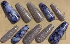 ロングネイル　ギャルチップ　大理石柄　シルバーラメネイルチップ　バレリーナ