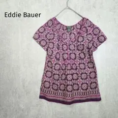 エディーバウアー【XS】総柄シアーカットソー　パープル　コットン　a5621