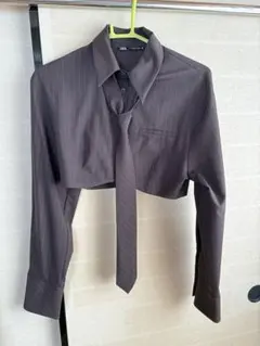 ザラ　ZARA　クロップドシャツ ブラウス　ストライプ柄　ネクタイ付きショート丈