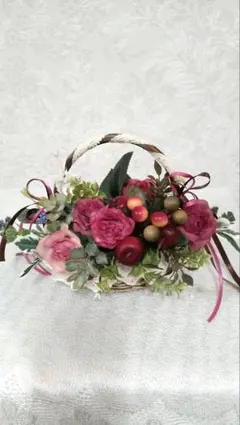 光触媒フラワー 秋色の赤薔薇フラワーアレンジ｜シルバー陶器 アート