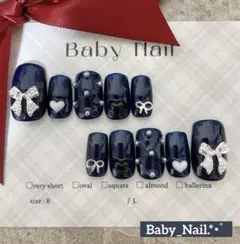 ネイルチップ シンプルネイビー リボン×ハート