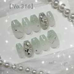 ミントグリーンネイル ハートネイル 埋め尽くし リボン オーダーネイルチップ