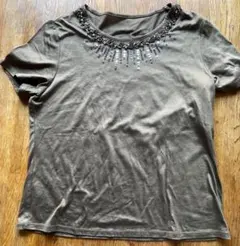 Gabardineオリーブグリーン ビーズ装飾 半袖Tシャツのサムネイル