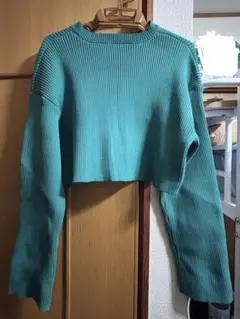 緑リブ編み クロップドセーター