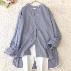 美品✨ Mila Owen ストライプ バンドカラー シャツ ブルー ゆったりのサムネイル