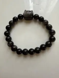 天然石 シルバーオブシディアン ブレスレット可愛いネコのカービング 内径14cm