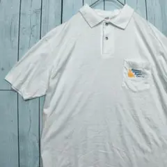 USA製 90s ヘインズ ポロシャツ L ホワイト 企業ロゴ シングルステッチのサムネイル