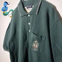 【個性派古着】ダークグリーン ポロシャツ 刺繍デザイン　希少　LL