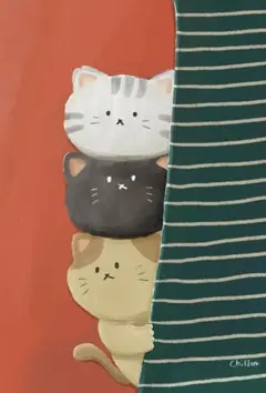 自作　猫の絵　壁から覗くねこ