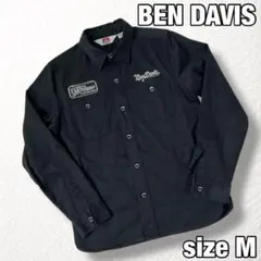 美品【BEN DAVIS】バック刺繍 長袖ワークシャツ ロゴボタン ワッペン 黒