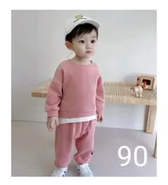 再入荷！キッズ　重ね着風　ワッフル　セットアップ　ピンク　90