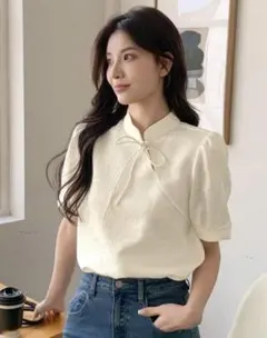 リボン付きホワイトブラウス 半袖 チャイナ風