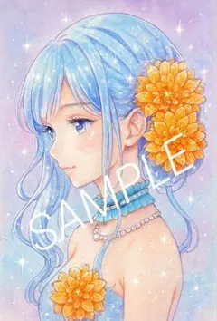 女の子 イラスト ゆめかわ 幻想的 ファンタジー 青 花 美人 No.87