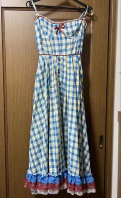 レトロ風 ワンピース ブルー チェック 花柄 姫系 お嬢様系 ロリータ