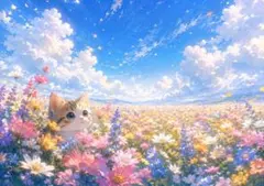 【イラスト】花畑と子猫 アートポスター