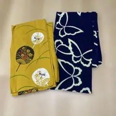 黄色うちわトンボ模様/藍色蝶模様 浴衣2着セット