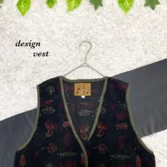 柄ベスト　フリースベスト　総柄　古着　レトロ　ボア　植物　お洒落　黒
