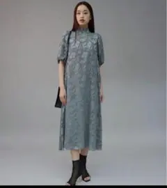 J by blue バックリボンジャガードレス ブルーグレー　ロング　半袖
