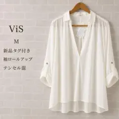 新品タグ付き ViS テンセル混 スキッパーブラウス M 袖ロールアップ　ヴィスのサムネイル