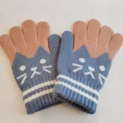 キッズ　子供　園児　手袋　てぶくろ　くすみピンクxブルー　ねこ
