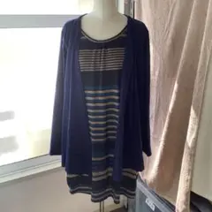 ドッキングカーディガン ネイビー ボーダー柄 長袖☆新品☆４LC