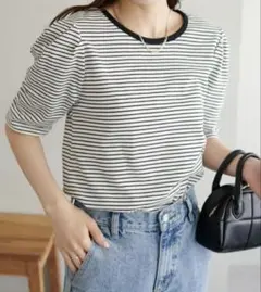 は*る様 美品★Discoat ストライプ パフスリーブ Tシャツ　Fのサムネイル