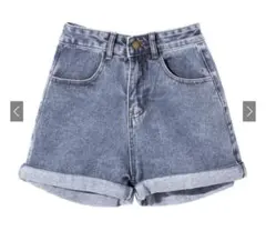 GRL ロールアップヘムハイウエストデニムショートパンツ ブルー