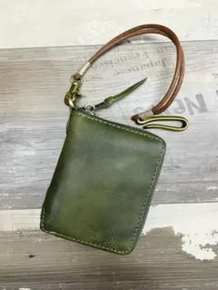 特価品　折り財布　本革　メンズ　ランドファスナー　カーキ