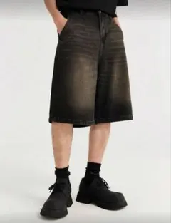 INFLATION メンズ ウォッシュ デニム ショーツ 斜めポケット仕様