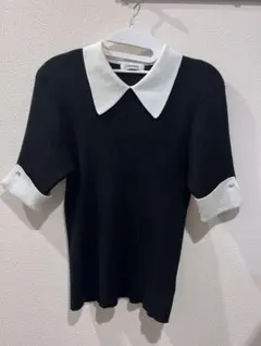 リブ編み 黒白ポロシャツ 半袖のサムネイル